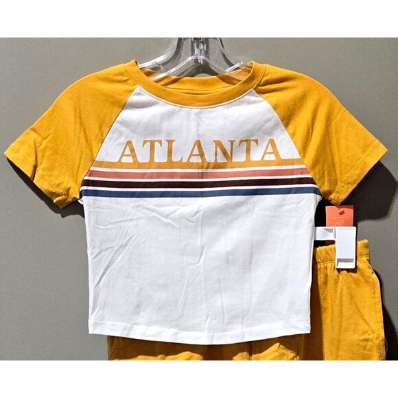 Colsie Retro ATLANTA Yellow Crop Top & Shorts 3 Pc Pajama Set -- Size Small 4/6 - Picture 3 of 9